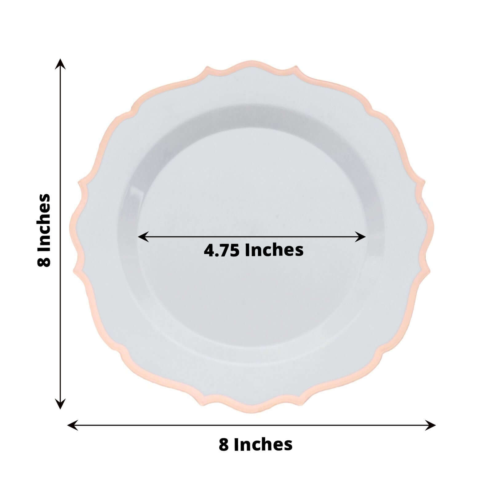 10-Pack Plastic 8" Round Dessert Plates in White with Rose Gold Scalloped Rim - Disposable Appetizer/Salad Plates