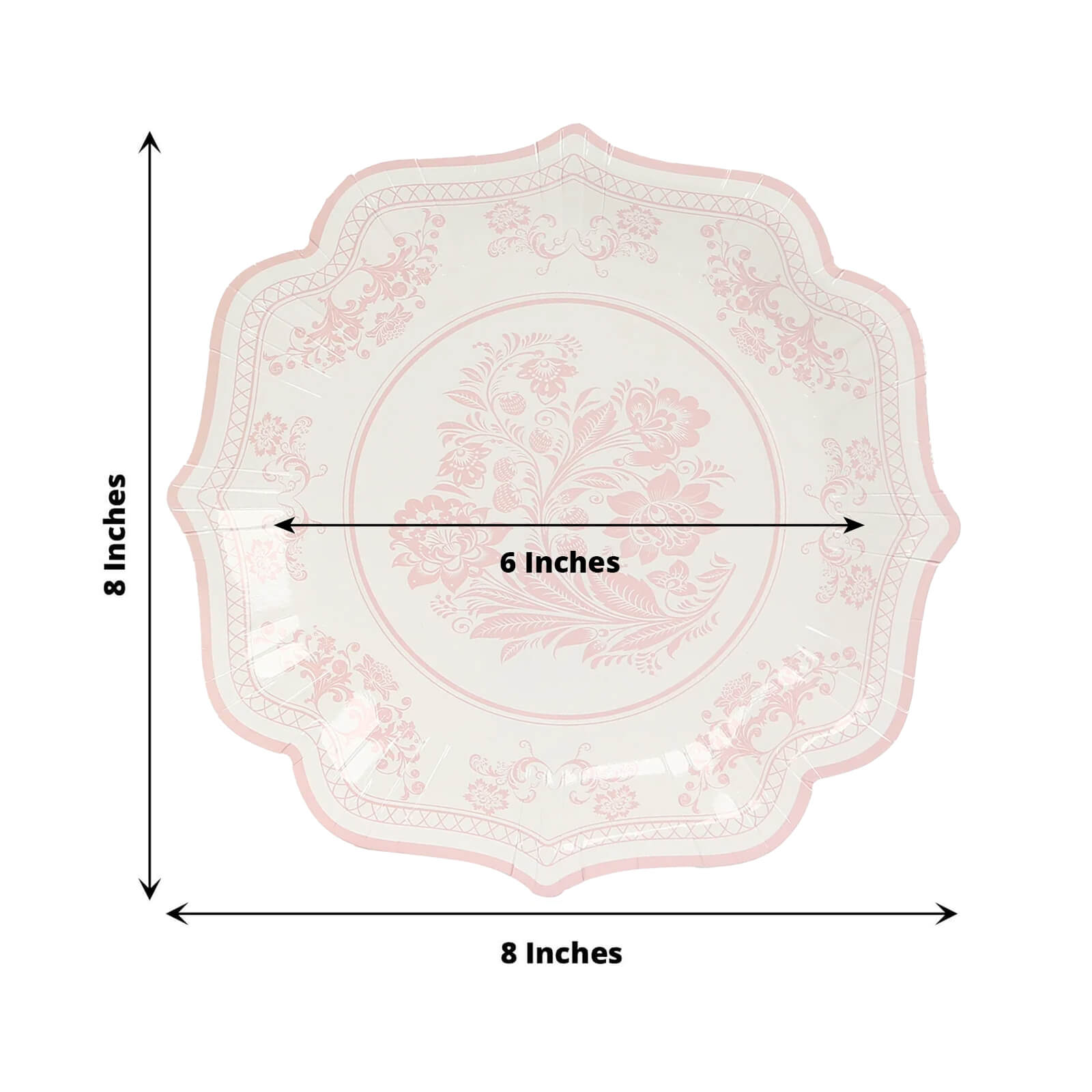 25-Pack Paper Dessert Plates in White with Pink Damask Floral Print & Scallop Rim - Stylish Disposable 300GSM Floral Salad Appetizer Plates 8"
