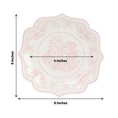 25-Pack Paper Dessert Plates in White with Pink Damask Floral Print & Scallop Rim - Stylish Disposable 300GSM Floral Salad Appetizer Plates 8"