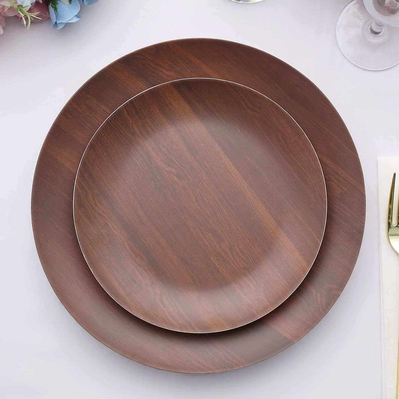 Pack of 6 Melamine 8" Round Dessert Plates in Brown Wood Grain Print - Disposable Shatterproof Appetizer Salad Plates for Rustic Farmhouse-Inspired Table Decor