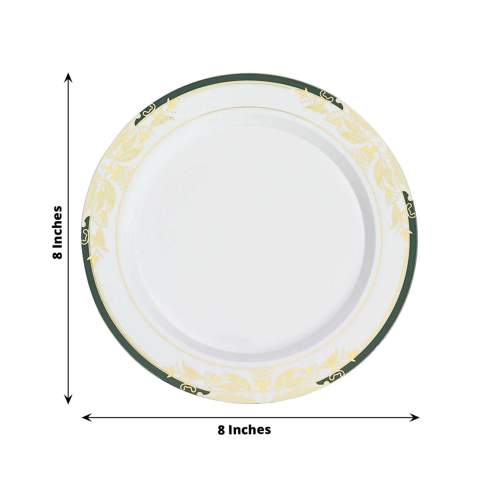 10-Pack Plastic 8" Round Dessert Plates in White with Hunter Emerald Green Rim - Stylish Gold Vine Design Disposable Salad/Appetizer Plates for Special Occasions & Celebrations