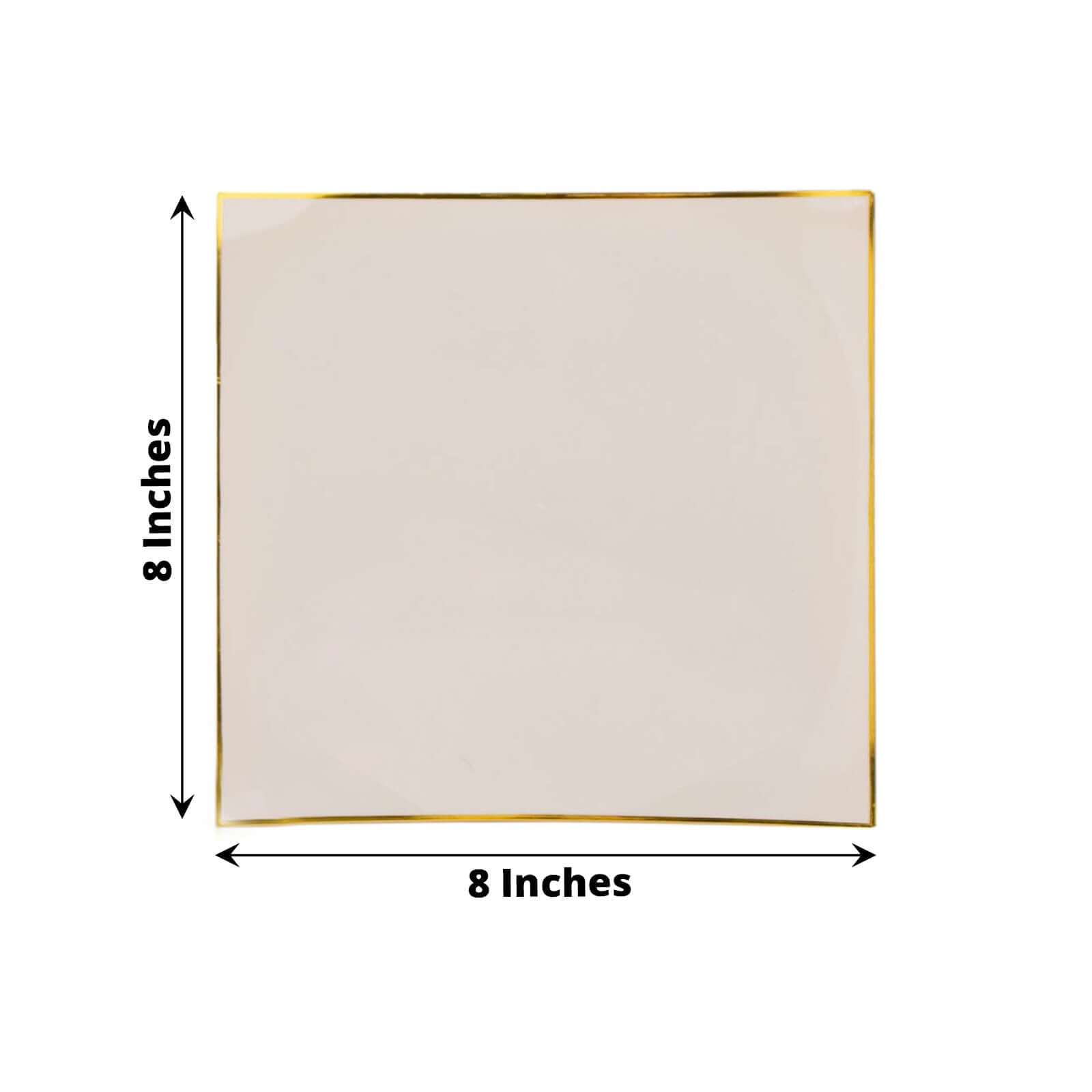 10-Pack Plastic 8" Square Dessert Plates in Taupe Concave Style with Gold Rim - Modern Disposable Salad Appetizer Party Plates