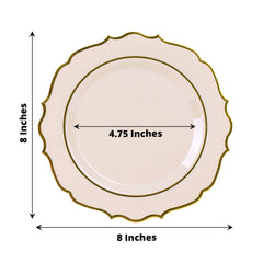 10-Pack Plastic 8" Round Dessert Plates in Taupe with Gold Scalloped Rim - Disposable Appetizer/Salad Plates