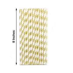 25-Pack Paper Straws White/Gold Striped - Stylish Disposable Straws for Drinks 8"