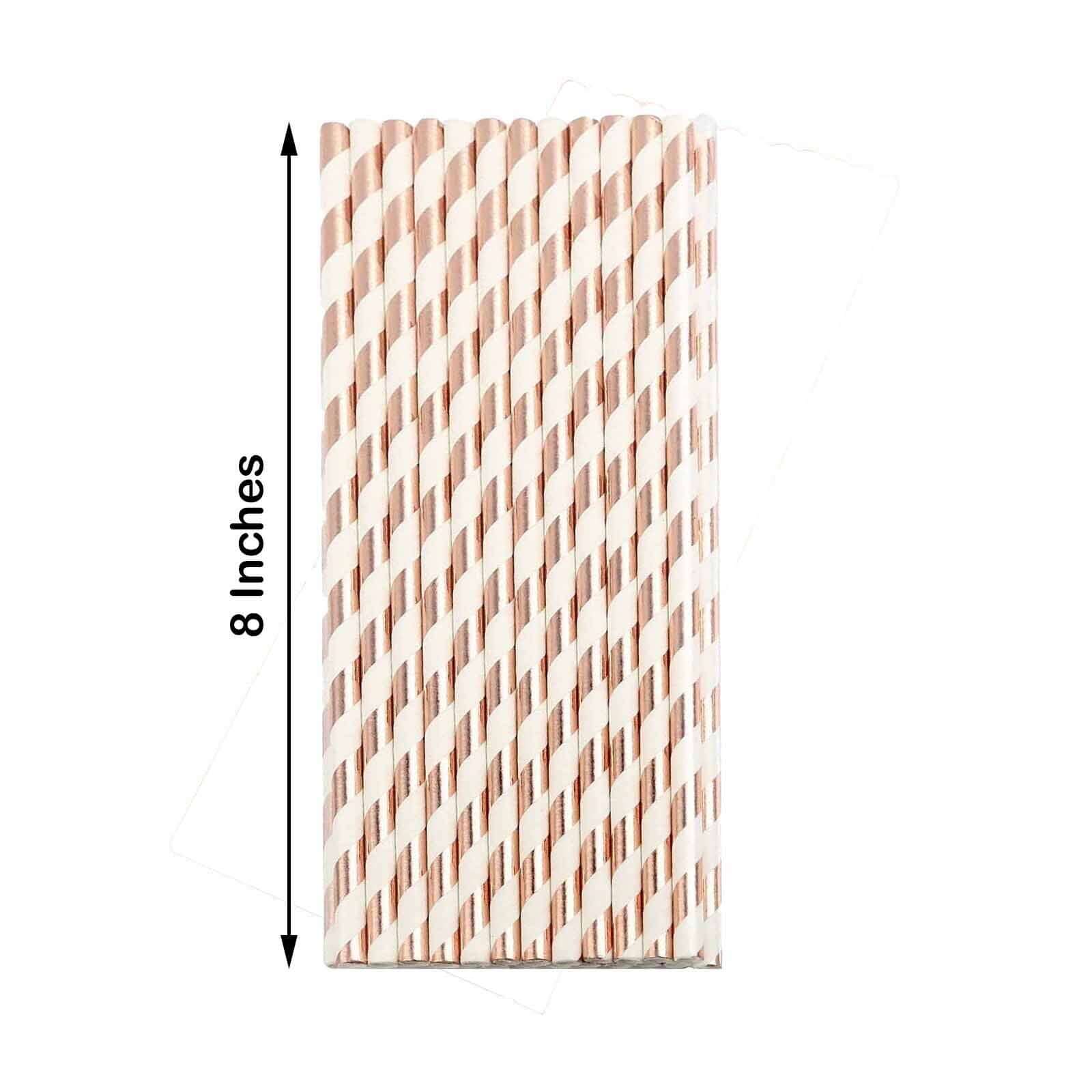 25-Pack Paper Straws White/Rose Gold Striped - Stylish Disposable Straws for Drinks 8"