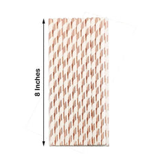 25-Pack Paper Straws White/Rose Gold Striped - Stylish Disposable Straws for Drinks 8"