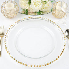 8-Pack Glass Round Charger Plates 12" Clear with Gold Beaded Rim, Event Tabletop Decorative Dinner Charger Tableware