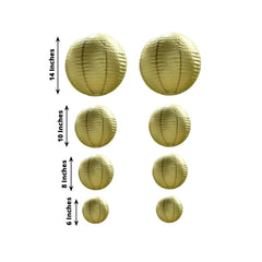 Set of 8 Gold Hanging Paper Lanterns, Decorative Round Chinese Sky Lanterns, Assorted Sizes  - 6",8",10",14"