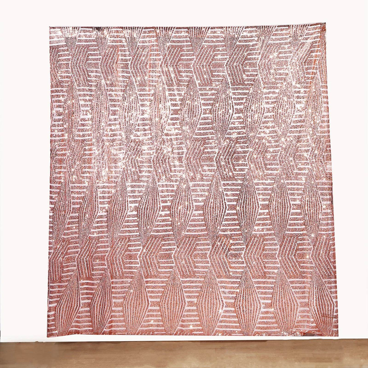 8ftx8ft Rose Gold Geometric Sequin Event Curtain Drapes with Satin Backing, Seamless Opaque Sparkly Backdrop Event Panel in Diamond Glitz Pattern
