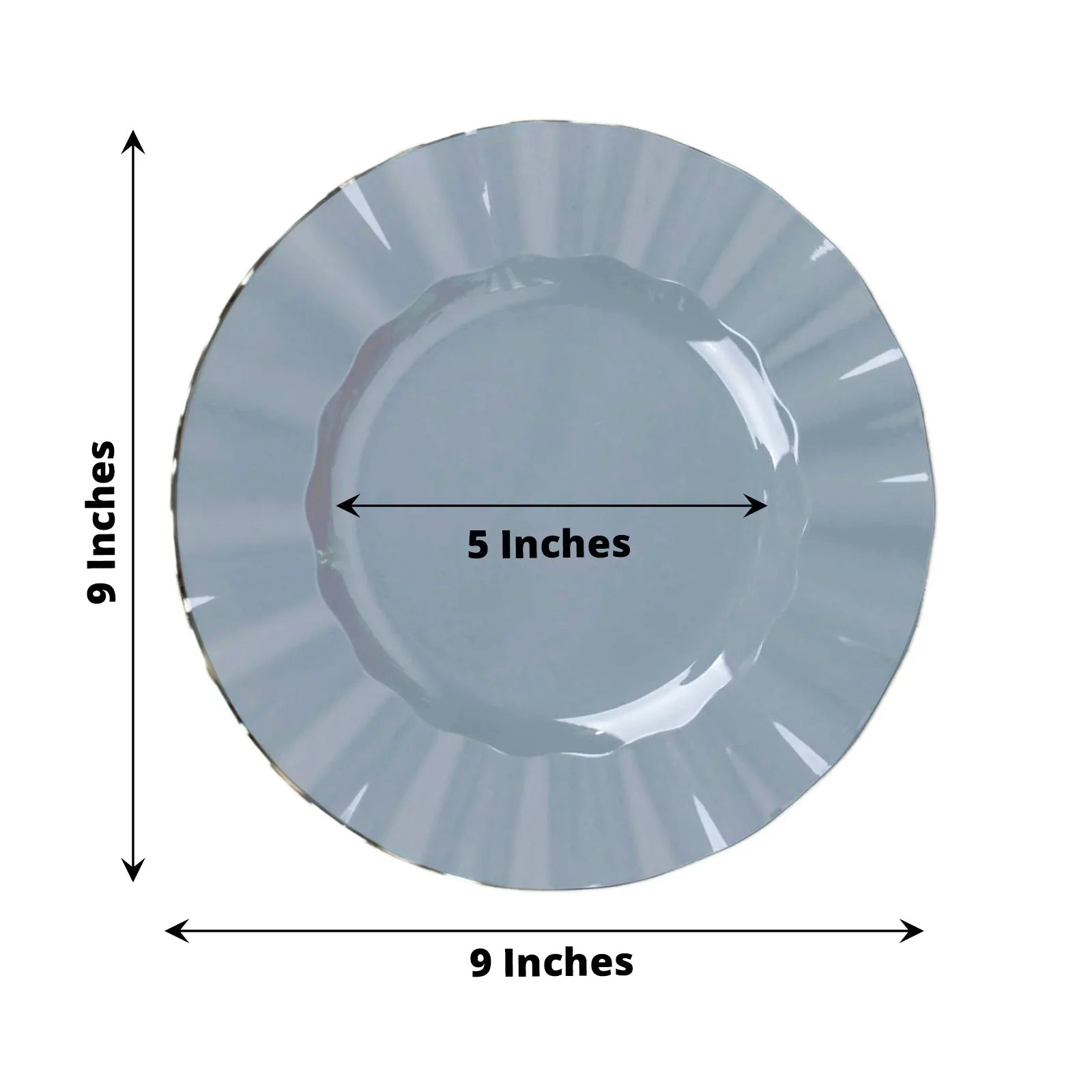 10-Pack Plastic 9" Round Dinner Plates in Dusty Blue Ruffled Rim with Gold Edging - Sturdy Disposable Dinnerware