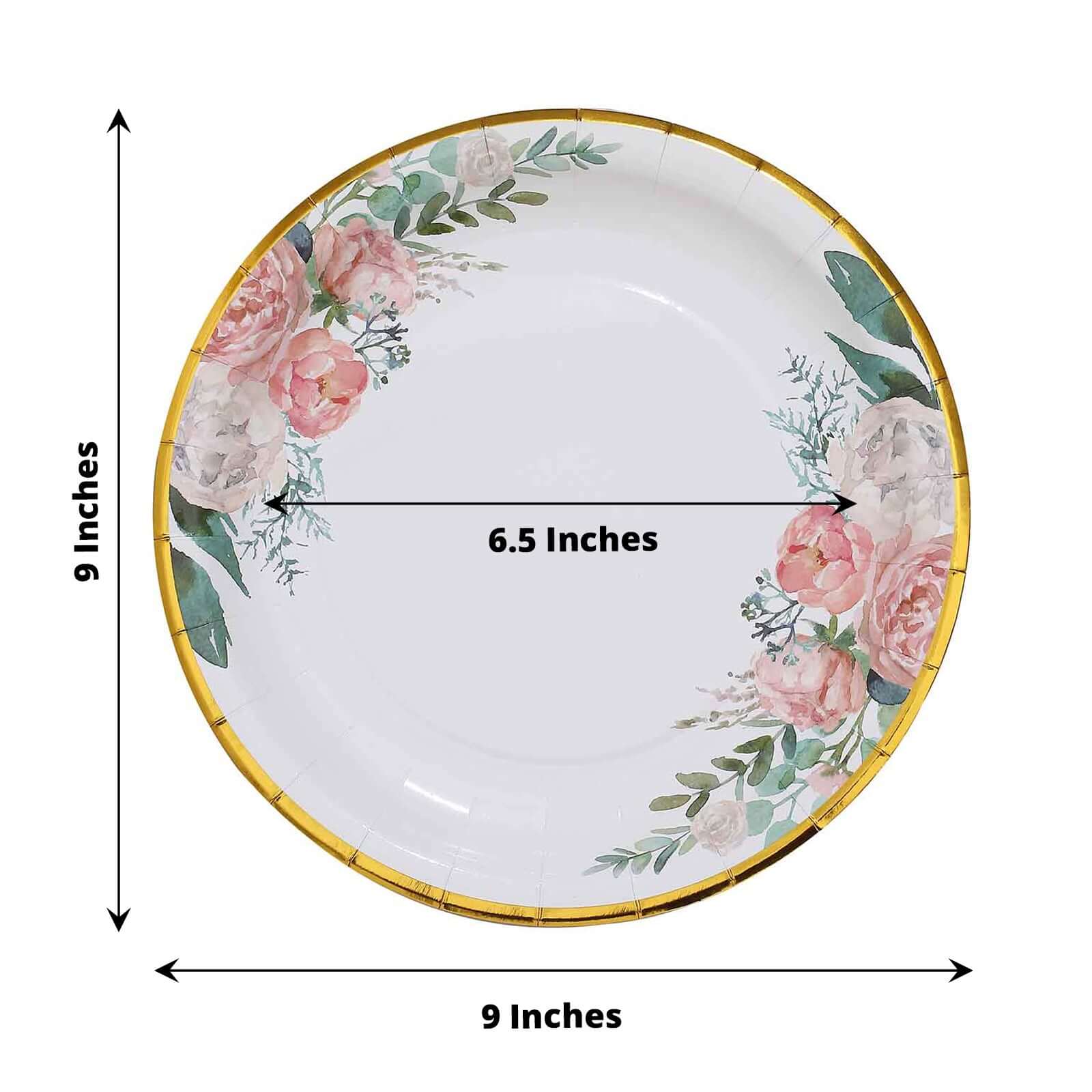 25-Pack Paper 9" Round Dinner Plates White with Peony Floral Design & Gold Rim - Disposable Floral Party Plates for Brunches & Afternoon Teas