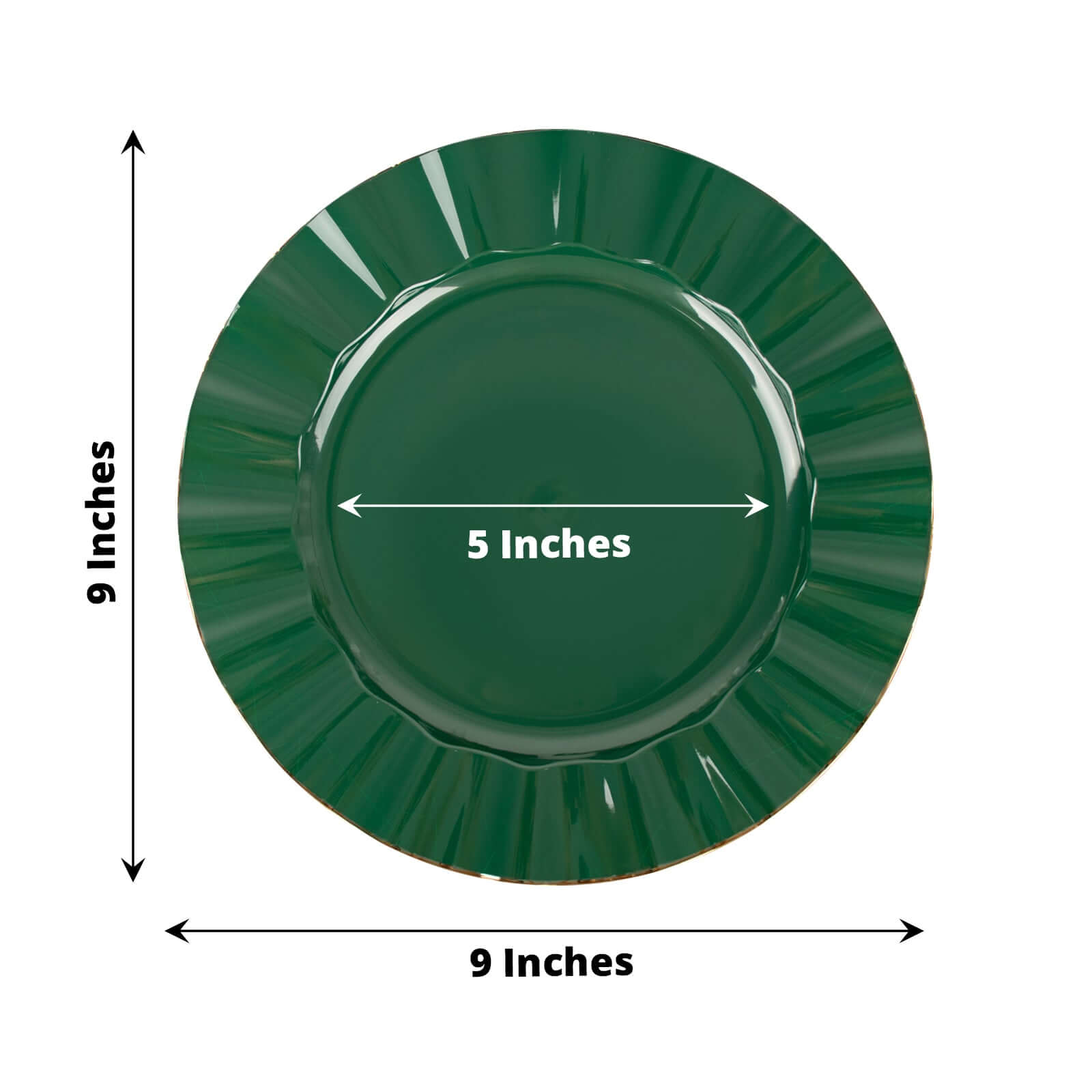 10-Pack Plastic 9" Round Dinner Plates in Hunter Emerald Green Ruffled Rim with Gold Edging - Sturdy Disposable Dinnerware