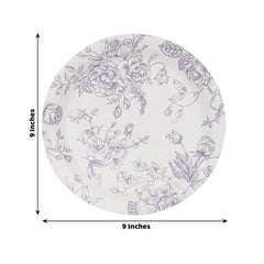 25-Pack Paper 9" Round Dinner Plates in White with Matte Lavender French Toile Pattern - Disposable Floral Party Plates