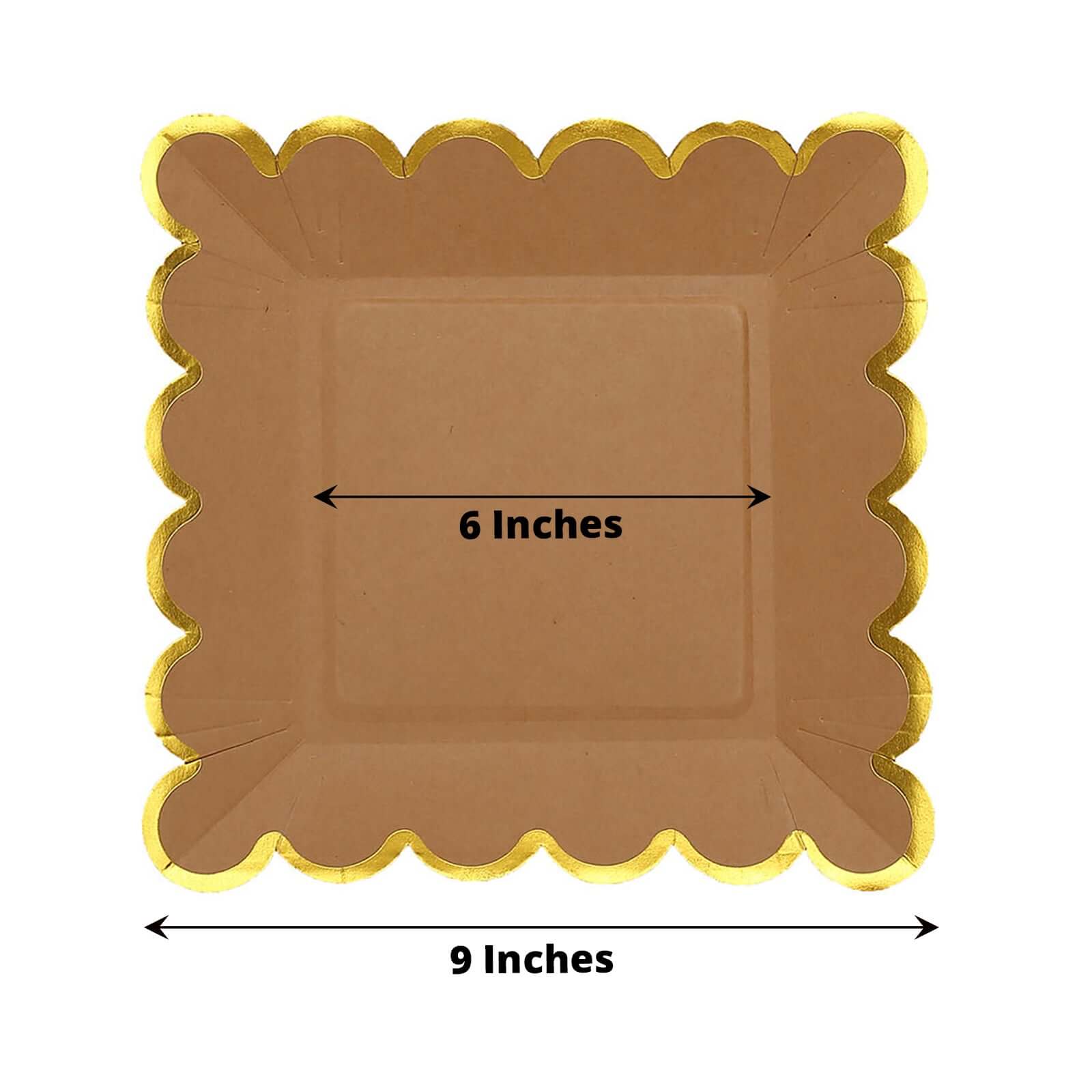 25-Pack Paper 9" Square Dinner Plates in Natural Brown with Gold Scalloped Rim - Disposable Party Plates for Rustic Gatherings & Chic Events