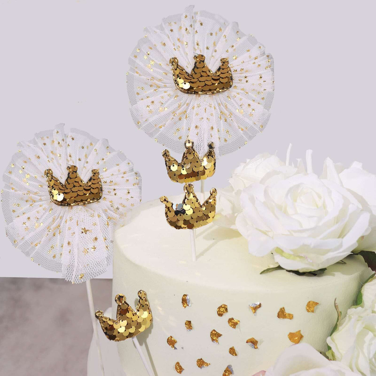 9-Pack Sequin Crown and Tutu Cupcake Cake Toppers Gold - Shimmering Princess Inspired Cake Inserts DIY Party Decoration Supplies