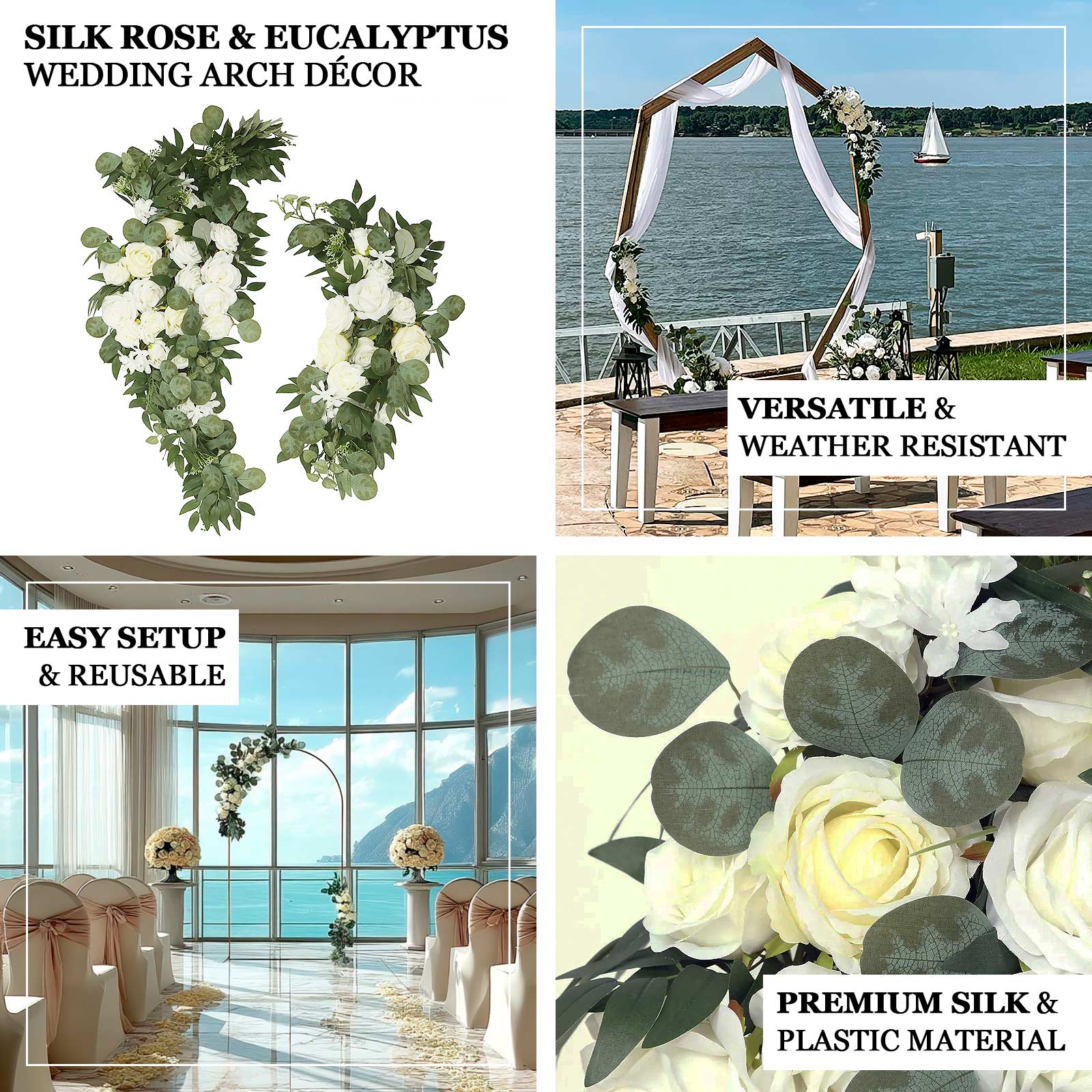 Set of 2 Silk Rose Floral Swag Wedding Arch Flowers in Cream Blush with Eucalyptus Leaves, Large Artificial Flower Arrangement Garlands - 24",42"