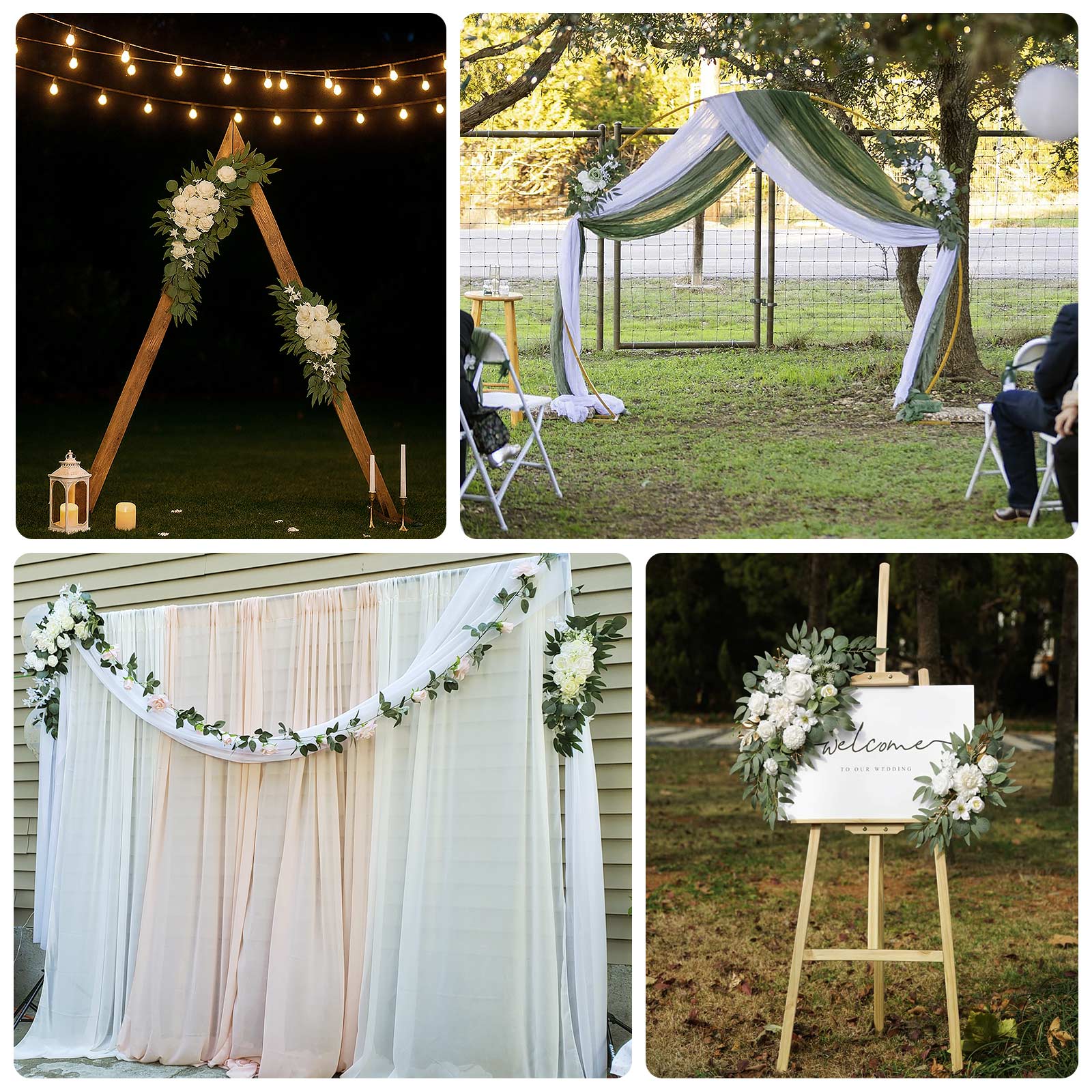 Set of 2 Silk Rose Floral Swag Wedding Arch Flowers in White with Eucalyptus Leaves, Large Artificial Flower Arrangement Garlands - 24",42"