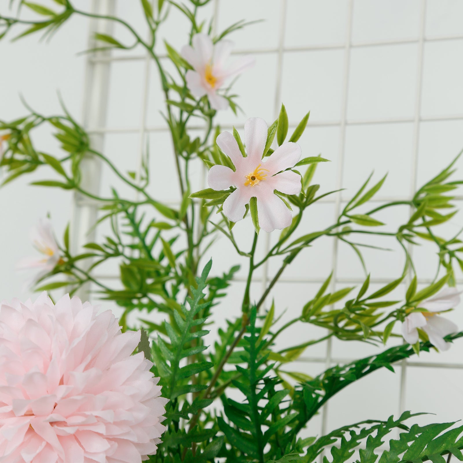 Artificial Wedding Arch Flowers – Blush Rose & Chrysanthemum Swag with Greenery and Palm Leaves