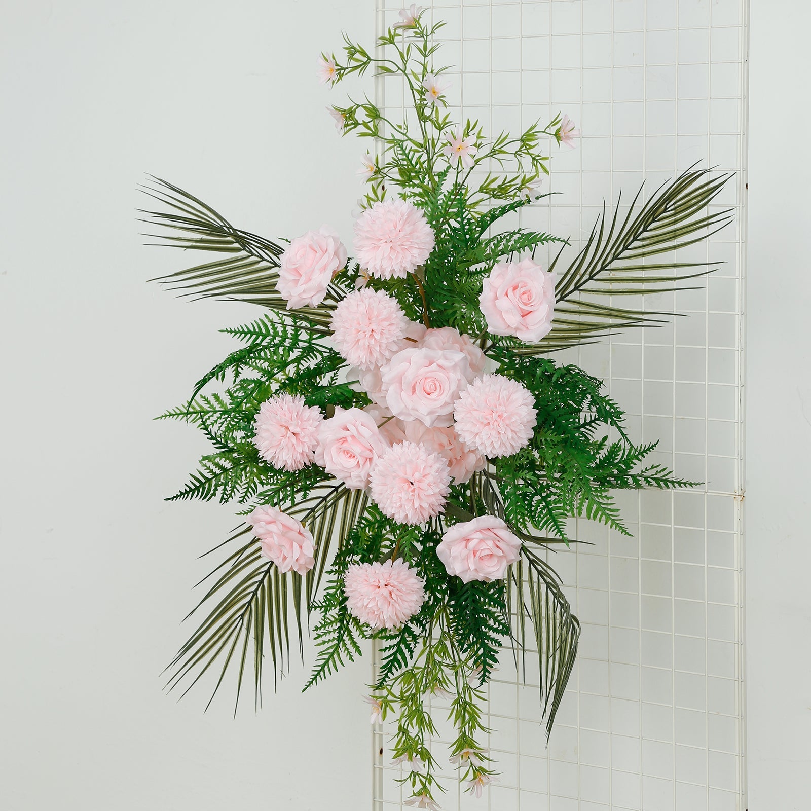 Artificial Wedding Arch Flowers – Blush Rose & Chrysanthemum Swag with Greenery and Palm Leaves