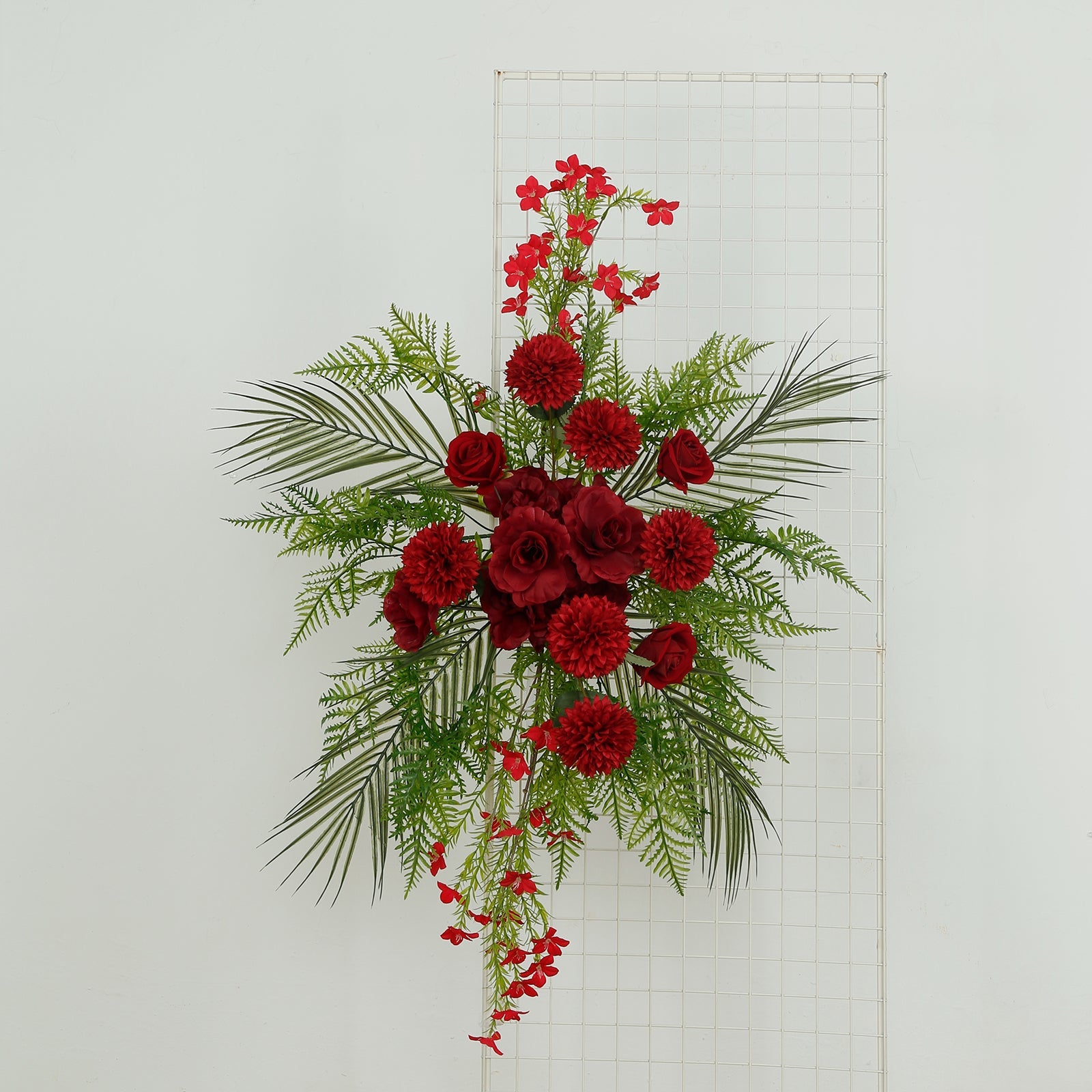 Artificial Wedding Arch Flowers – Burgundy Rose & Chrysanthemum Swag with Greenery and Palm Leaves