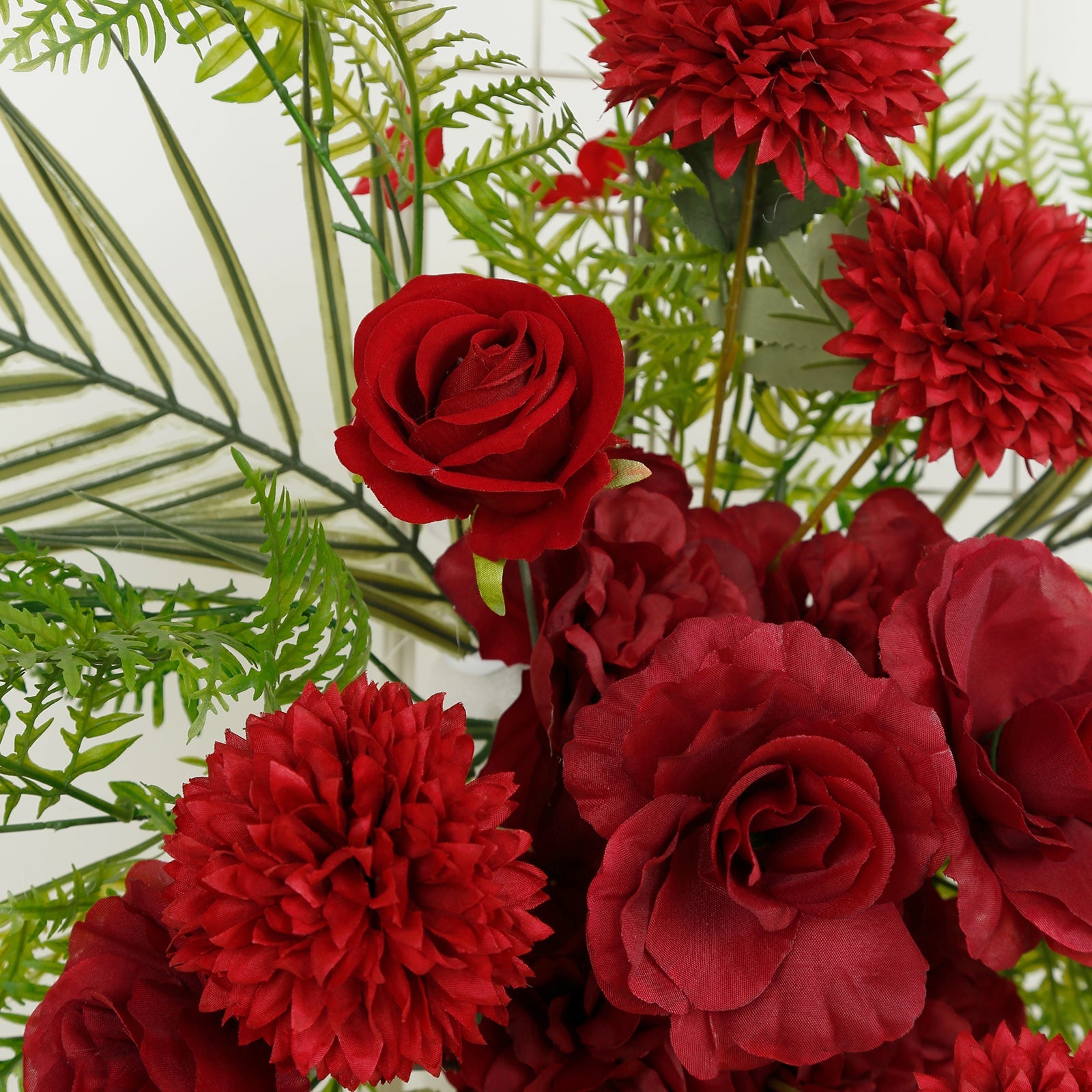 Artificial Wedding Arch Flowers – Burgundy Rose & Chrysanthemum Swag with Greenery and Palm Leaves