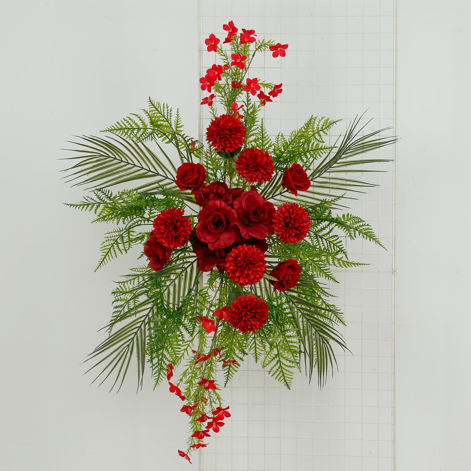 Artificial Wedding Arch Flowers – Burgundy Rose & Chrysanthemum Swag with Greenery and Palm Leaves