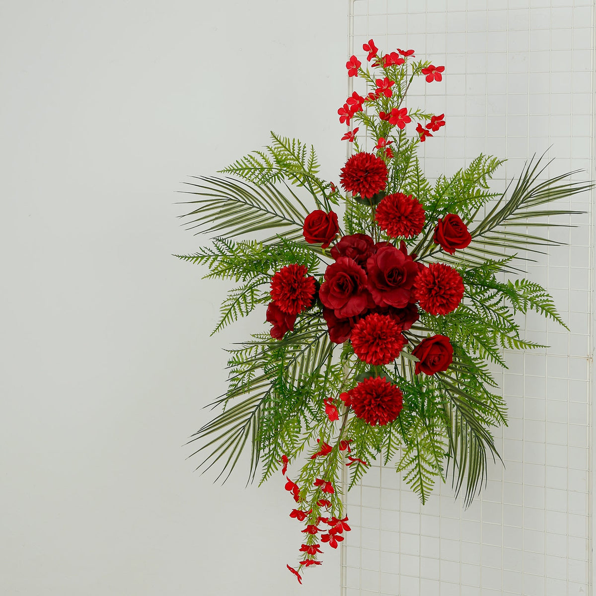 Artificial Wedding Arch Flowers – Burgundy Rose & Chrysanthemum Swag with Greenery and Palm Leaves