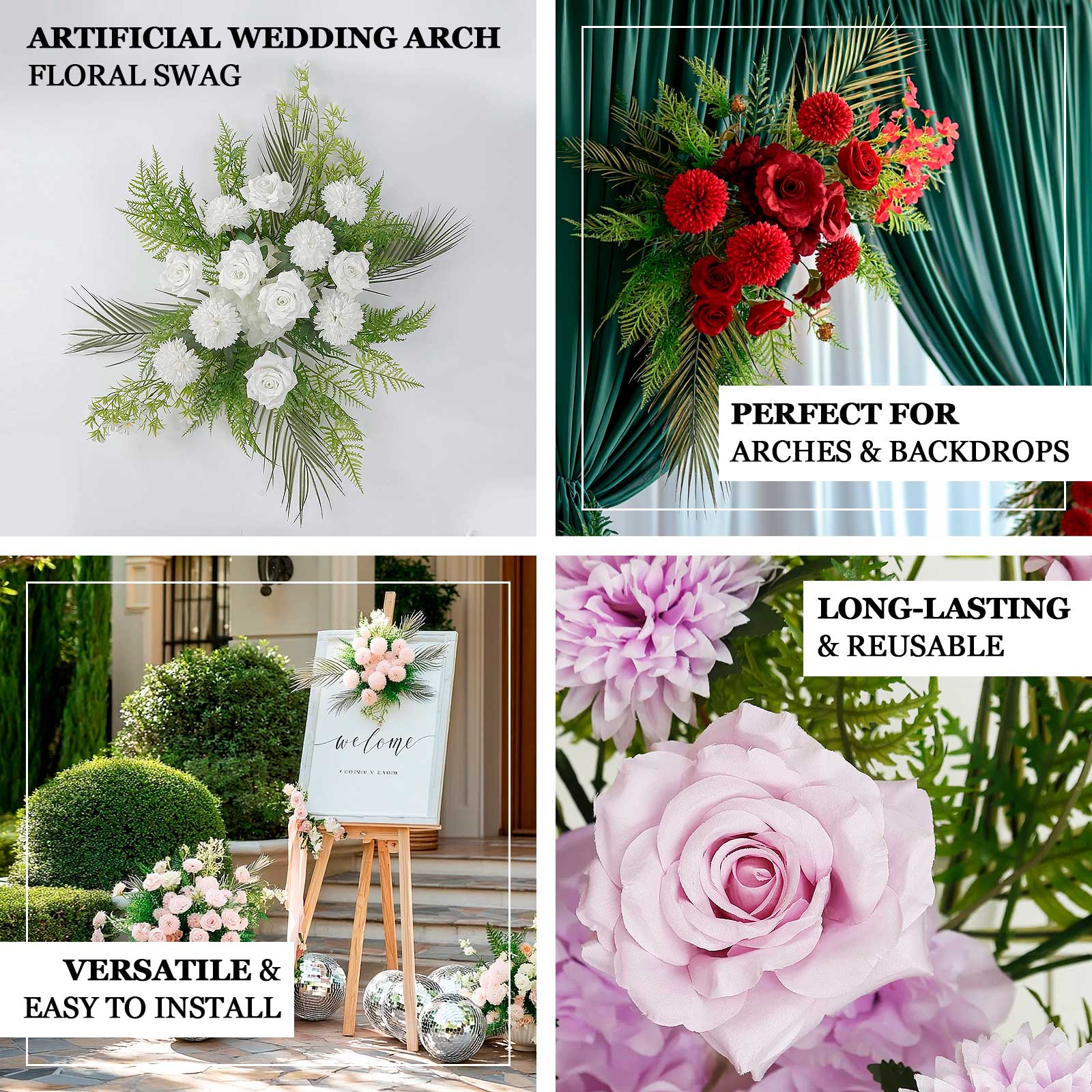Artificial Wedding Arch Flowers – Ivory Rose & Chrysanthemum Swag with Greenery and Palm Leaves