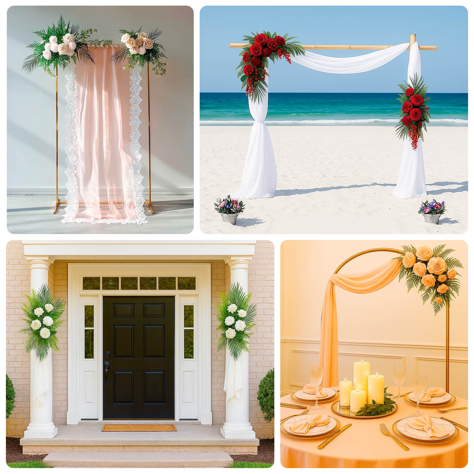 Artificial Wedding Arch Flowers – Burgundy Rose & Chrysanthemum Swag with Greenery and Palm Leaves