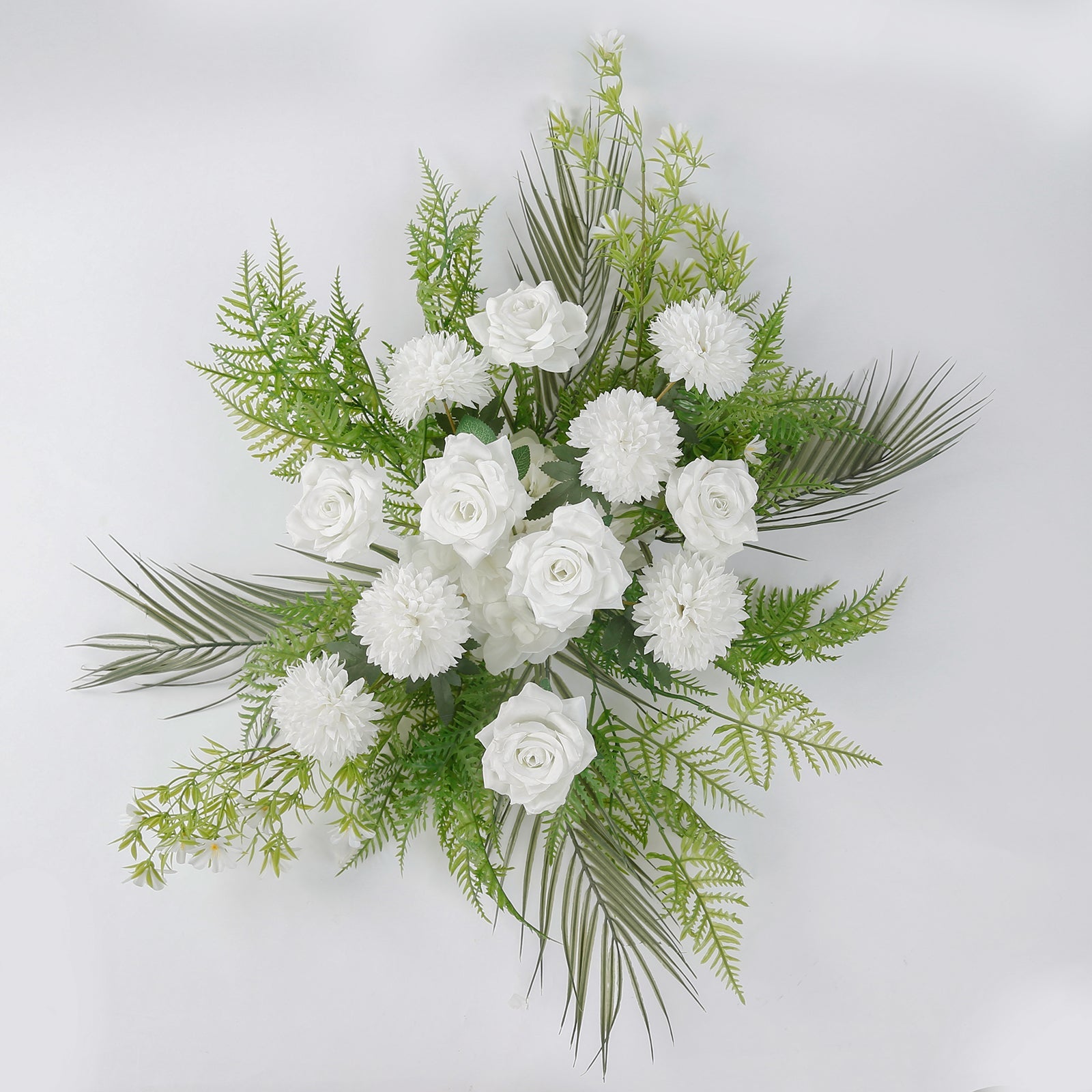Artificial Wedding Arch Flowers – Ivory Rose & Chrysanthemum Swag with Greenery and Palm Leaves