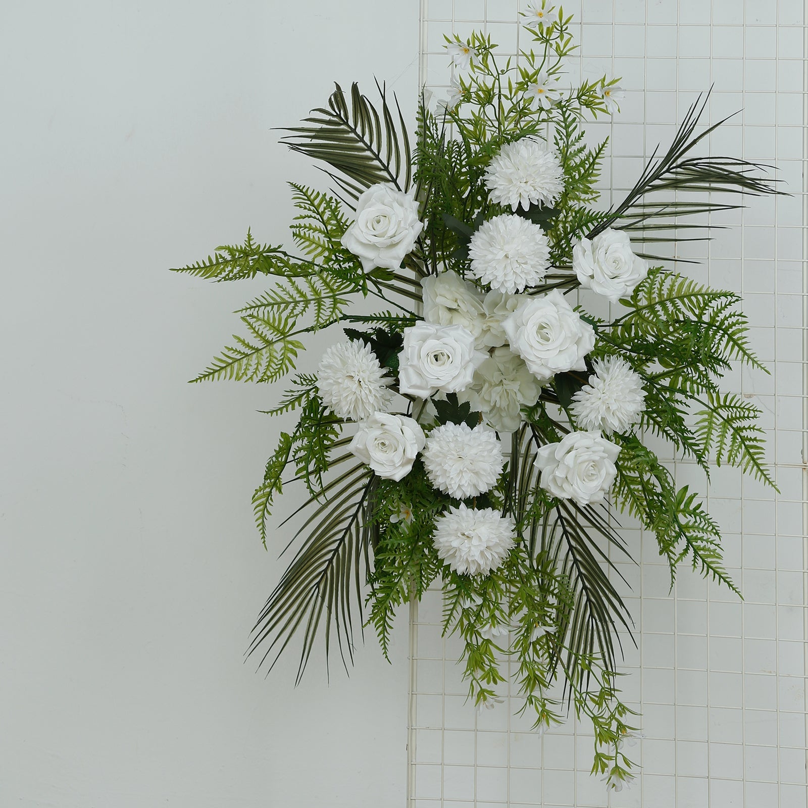 Artificial Wedding Arch Flowers – Ivory Rose & Chrysanthemum Swag with Greenery and Palm Leaves
