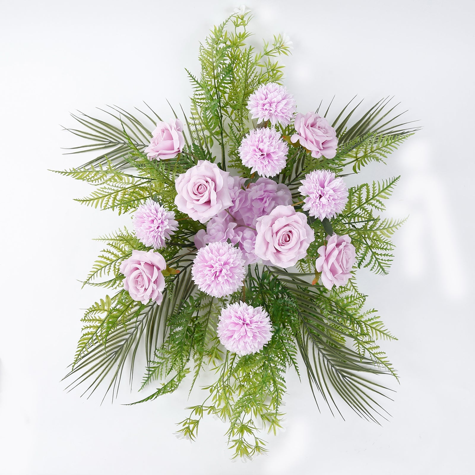 Artificial Wedding Arch Flowers – Lavender Lilac Rose & Chrysanthemum Swag with Greenery and Palm Leaves