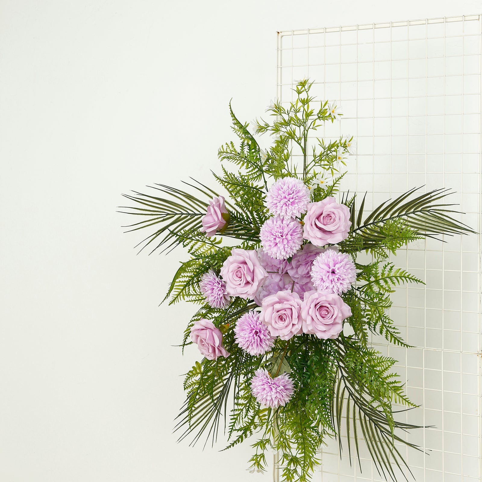 Artificial Wedding Arch Flowers – Lavender Lilac Rose & Chrysanthemum Swag with Greenery and Palm Leaves