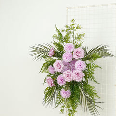 Artificial Wedding Arch Flowers – Lavender Lilac Rose & Chrysanthemum Swag with Greenery and Palm Leaves