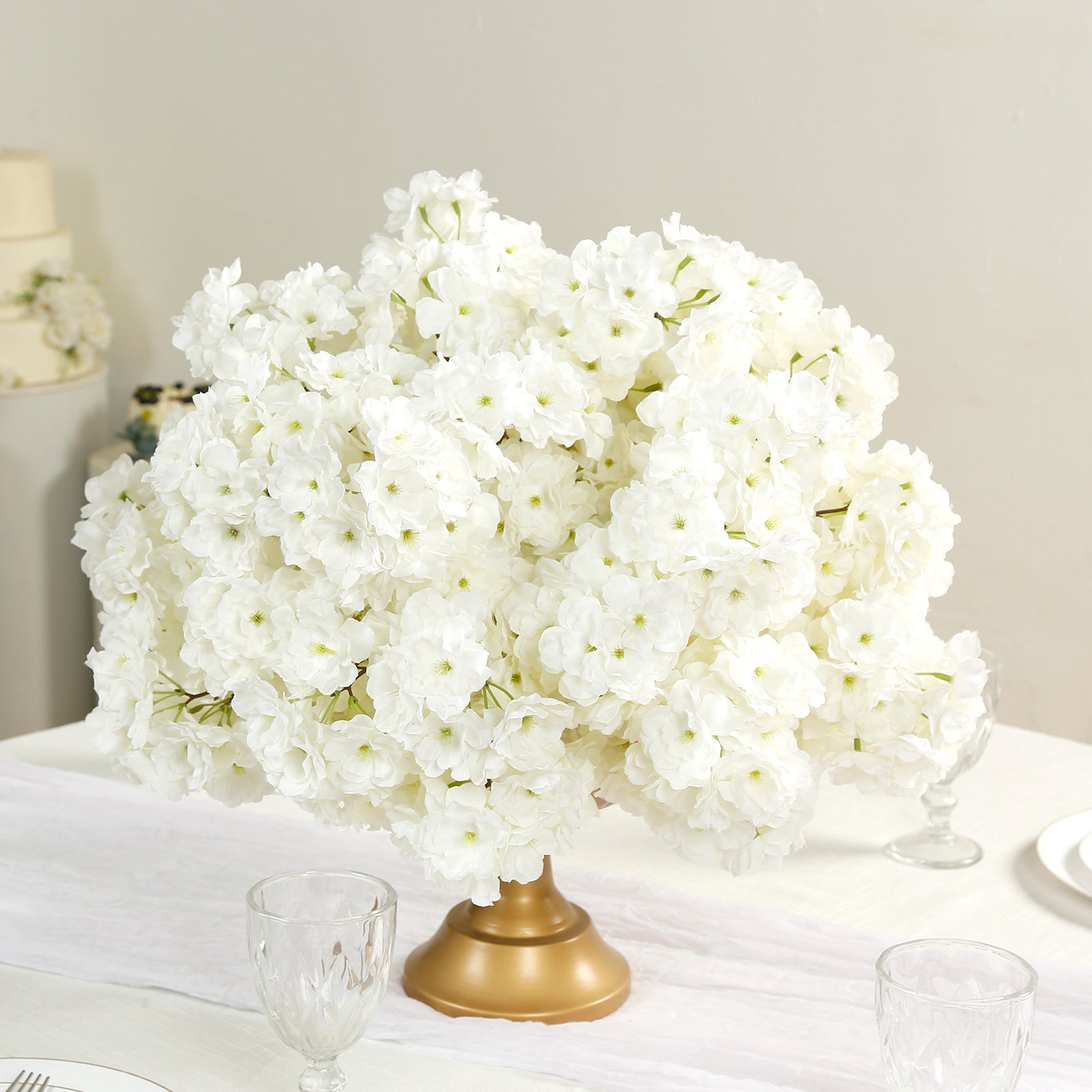 20" Pre-Arranged Artificial Cherry Blossom Centerpiece, White Silk Flower Ball Arrangement for Wedding & Event Tables