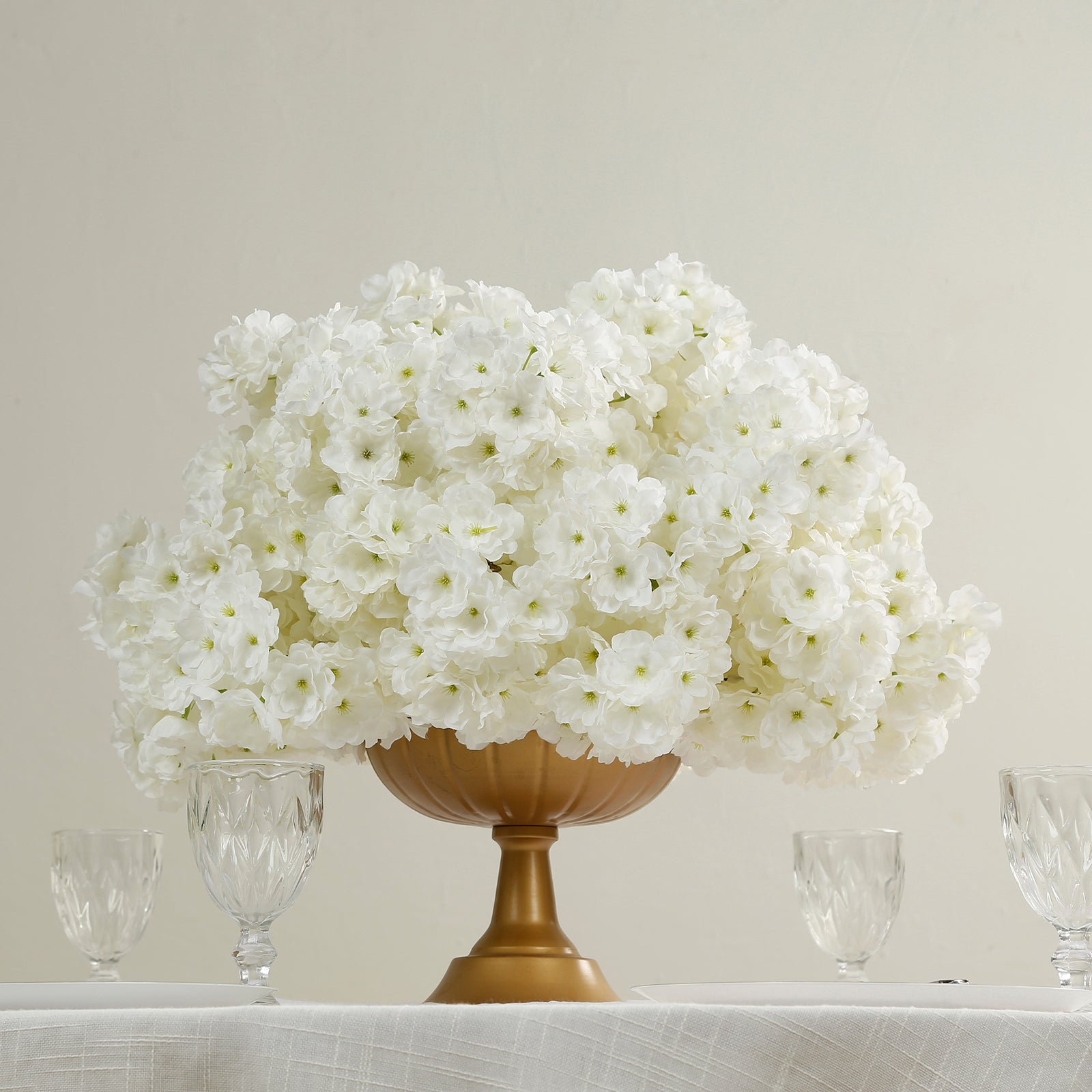 20" Pre-Arranged Artificial Cherry Blossom Centerpiece, White Silk Flower Ball Arrangement for Wedding & Event Tables