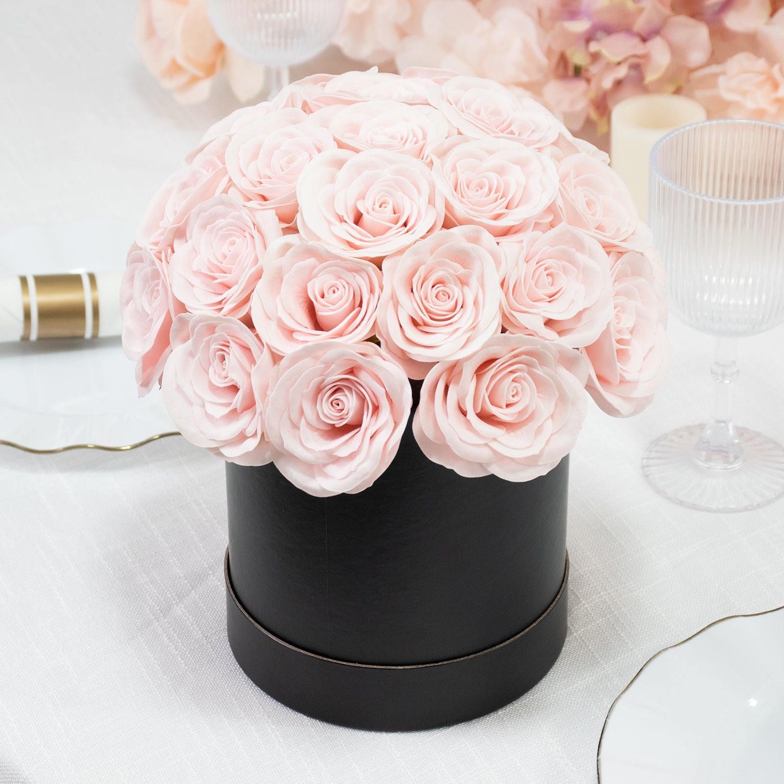 Blush Soap Rose Bouquet Flower Box Arrangement – 27pcs Roses in 6" Black Round Gift Box