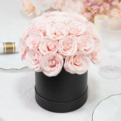 Blush Soap Rose Bouquet Flower Box Arrangement – 27pcs Roses in 6" Black Round Gift Box