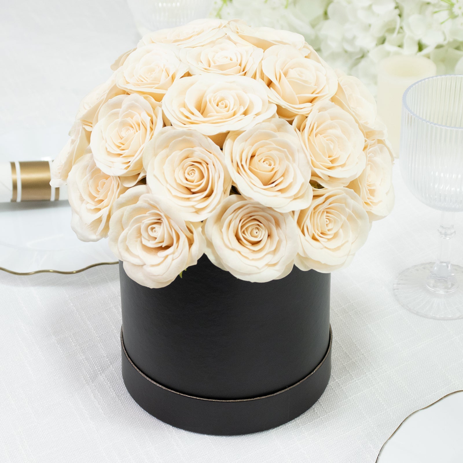 Ivory Soap Rose Bouquet Flower Box Arrangement – 27pcs Roses in 6" Black Round Gift Box