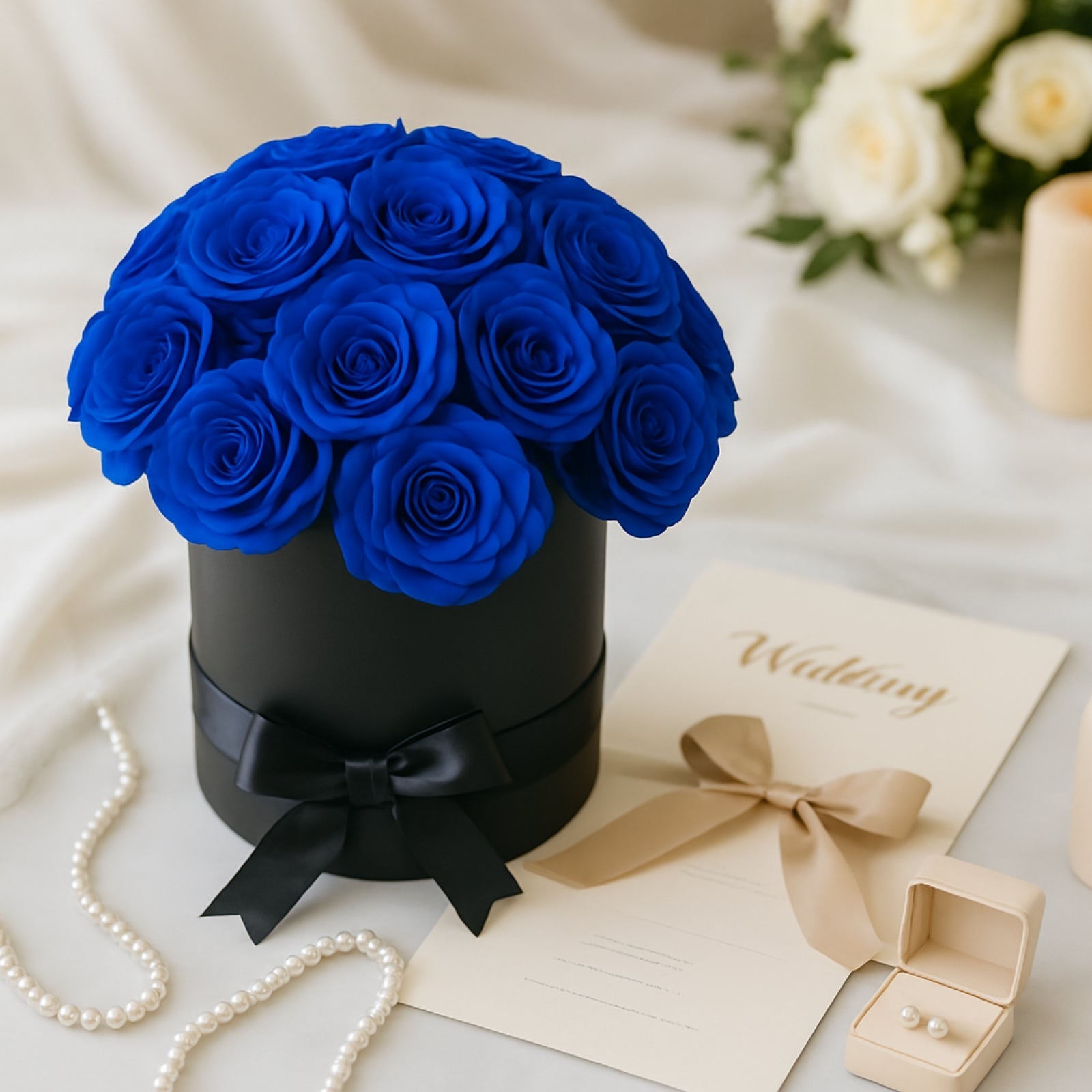 Royal Blue Soap Rose Bouquet Flower Box Arrangement – 27pcs Roses in 6" Black Round Gift Box