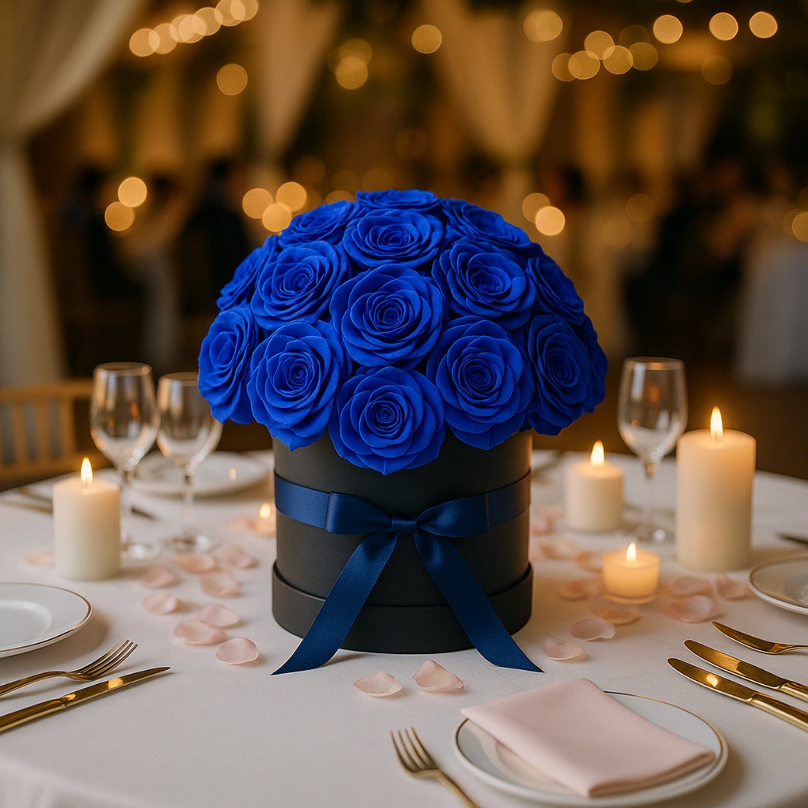 Royal Blue Soap Rose Bouquet Flower Box Arrangement – 27pcs Roses in 6" Black Round Gift Box