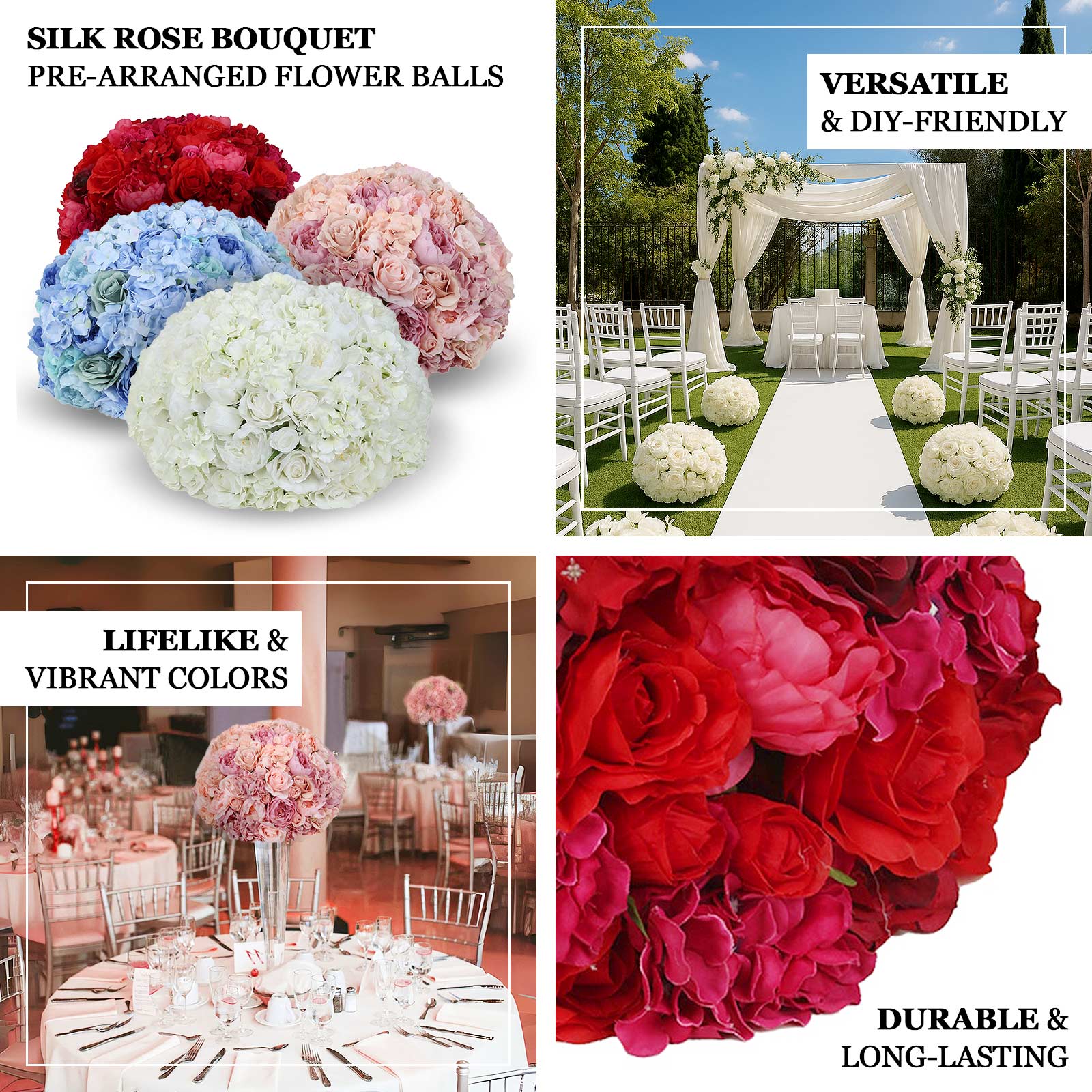 Pre-Arranged Silk Rose Wedding Centerpiece, Ivory Artificial Rose Flower Balls Arrangement Table Decor - 20"