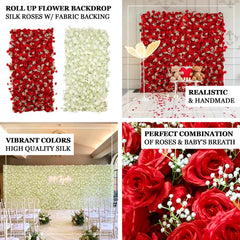 8ftx4ft Roll Up Artificial Flower Wall Panel Backdrop with White Silk Roses & Baby's Breath