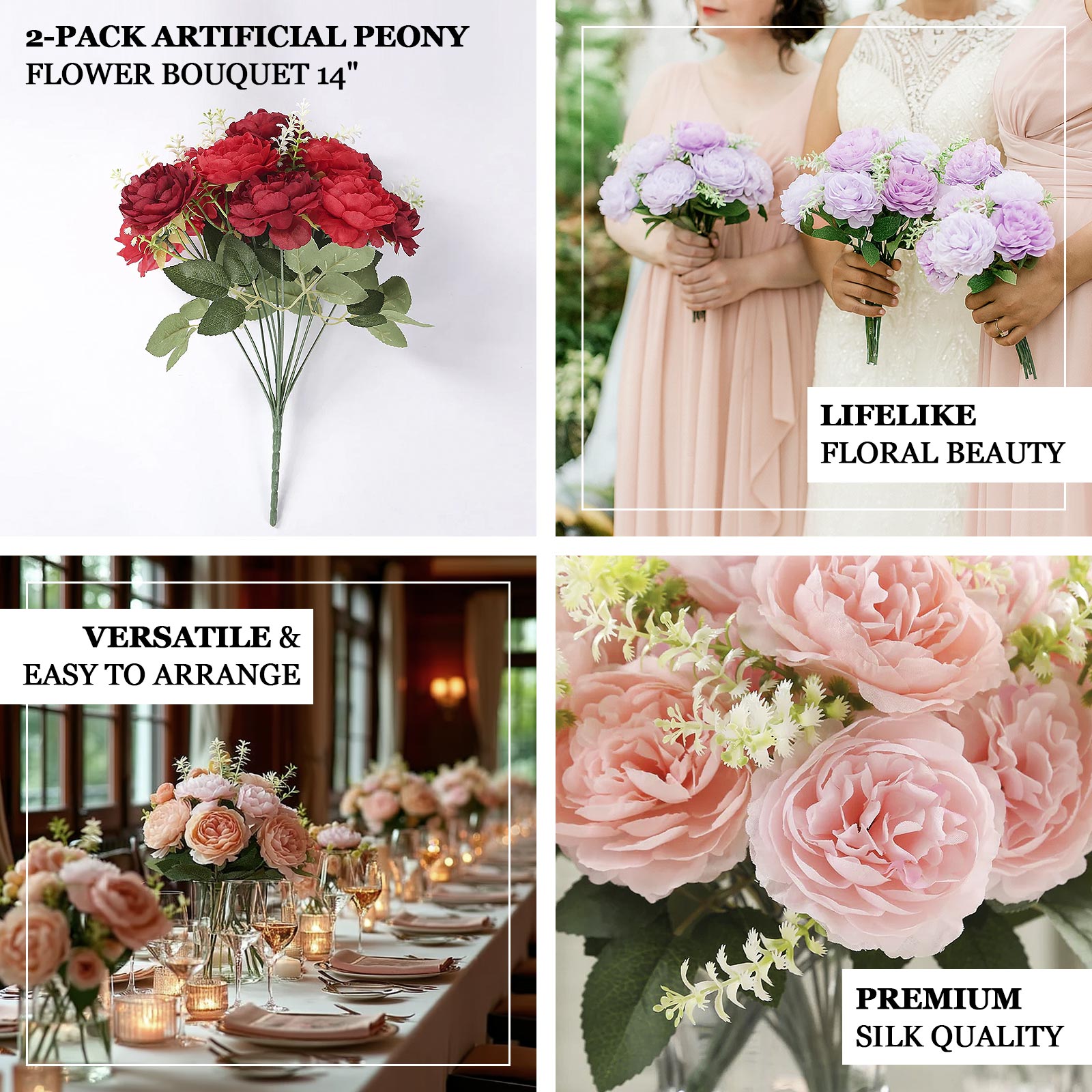 2-Pack Silk Peony Bouquet 14" Blush – Lifelike Artificial Flower Arrangement for Vase Display, Events & Everyday Decor