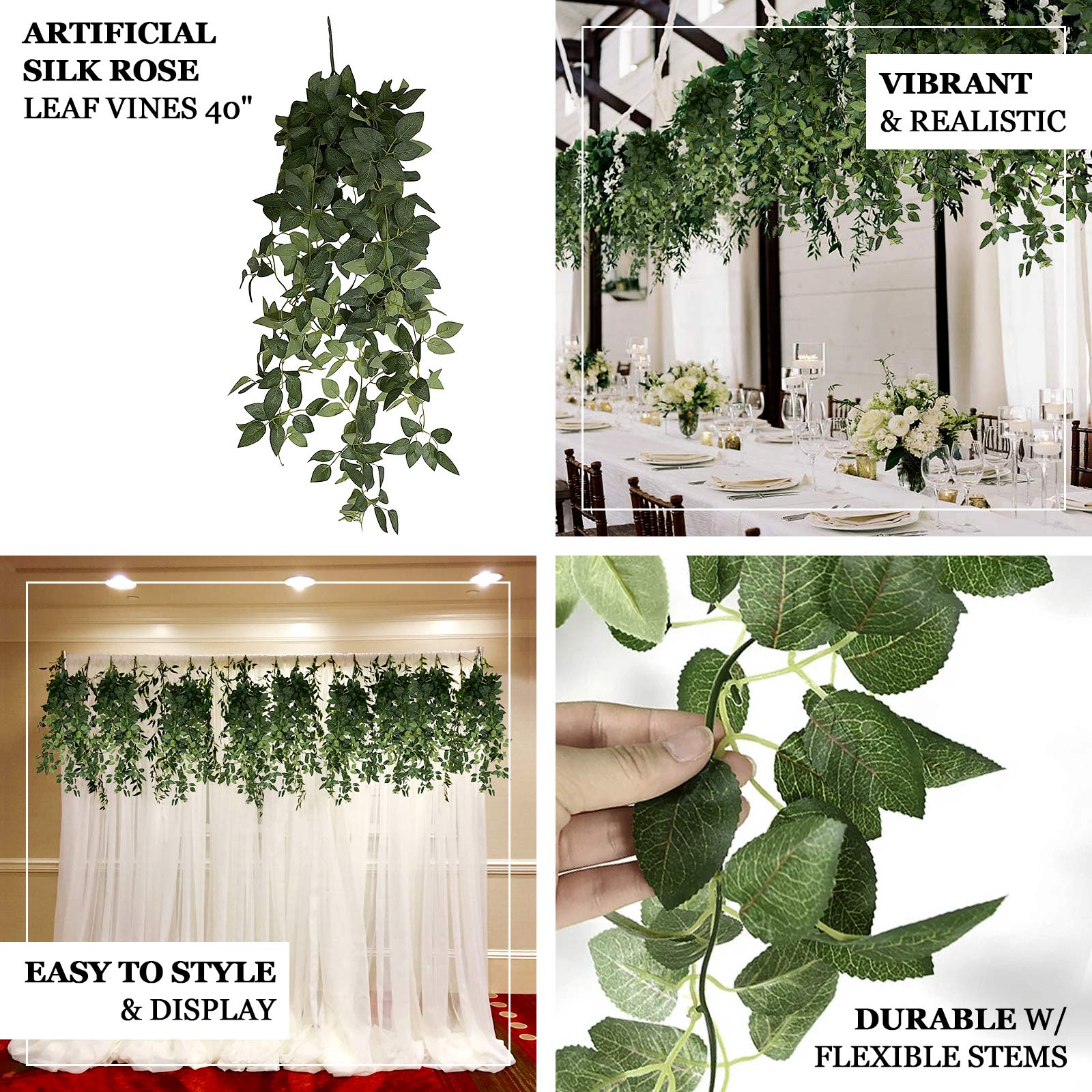 3-Pack Silk Rose Leaf Hanging Plants 40" – Realistic Artificial Greenery Vines for Home, Patio & Event Styling