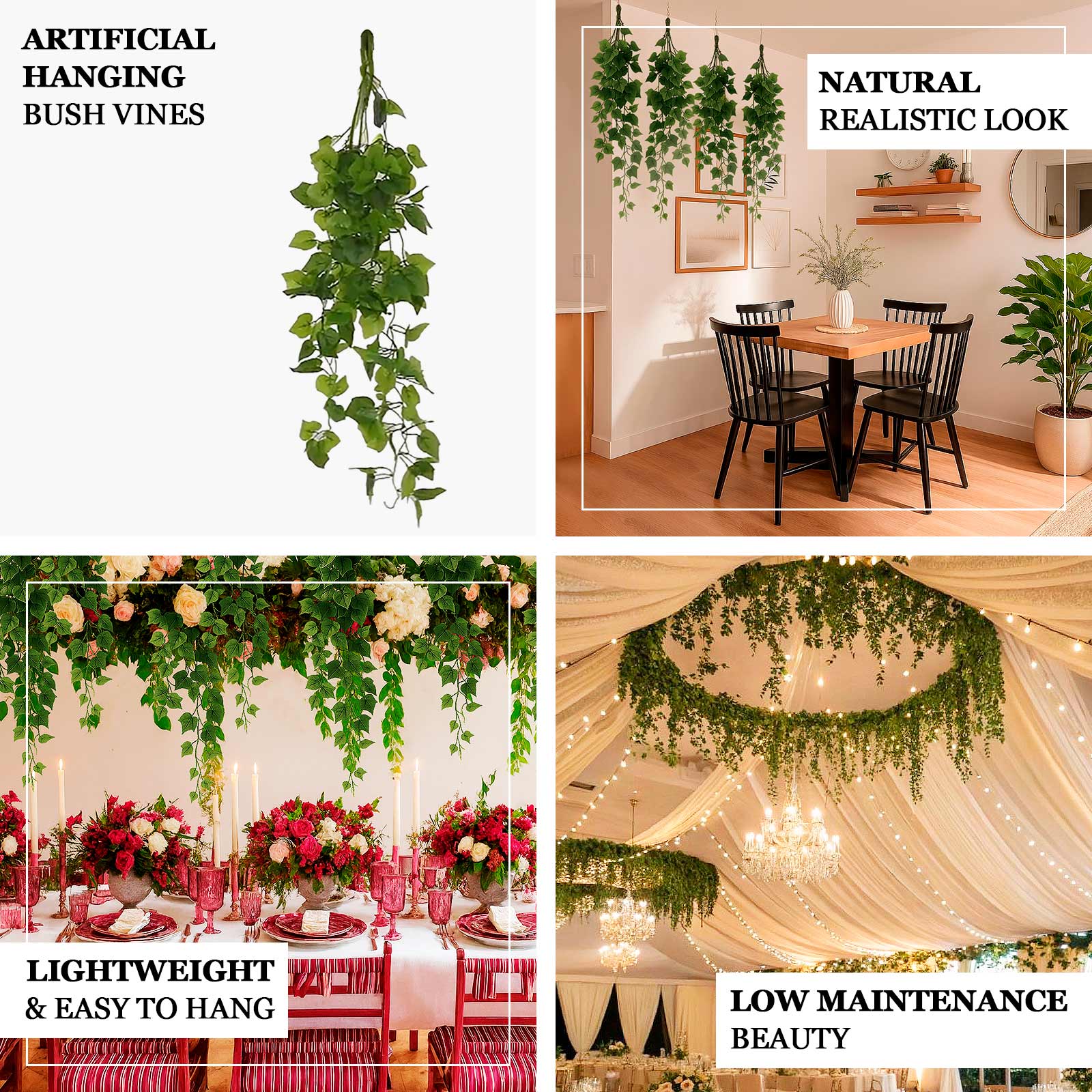 3-Pack Hanging Bush Vines - 3ft Artificial Greenery, Cottonwood Leaves for Walls, Arches & Event Backdrops