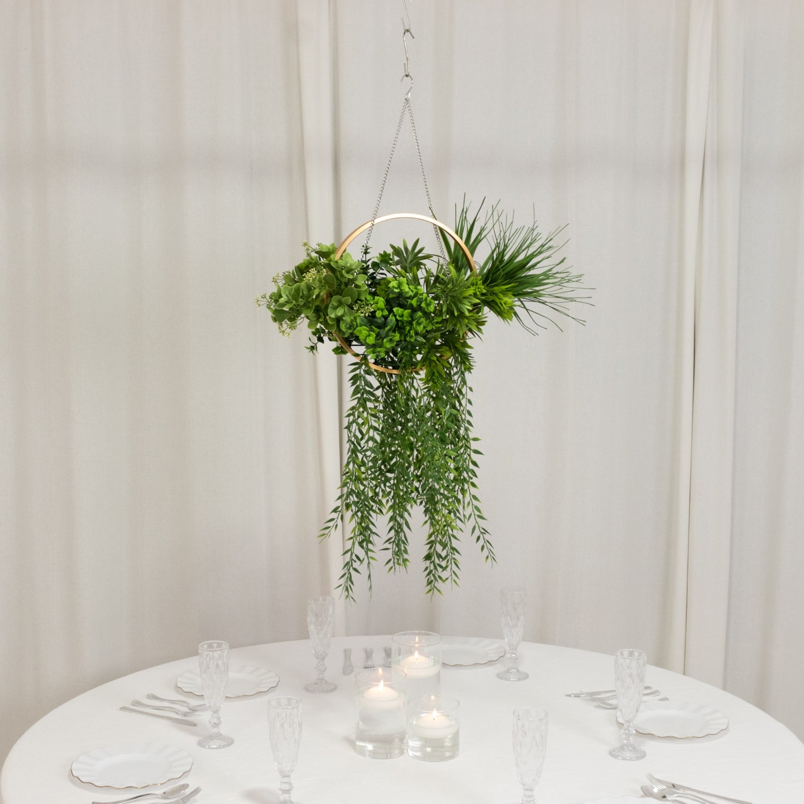 Faux Hanging Greenery with Gold Hoop Ceiling Decoration – Perfect for Tablescapes 38" Long