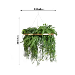 Large Faux Greenery Hoop Chandelier – 24" Gold Ring with 42" Draping Fern for Boho or Garden-Themed Events