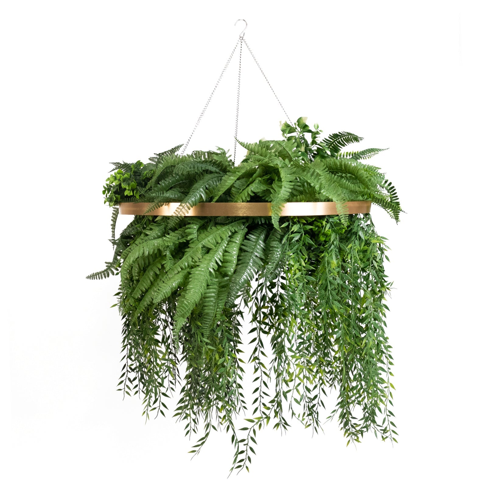 Large Faux Greenery Hoop Chandelier – 24" Gold Ring with 42" Draping Fern for Boho or Garden-Themed Events
