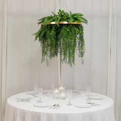 Large Faux Greenery Hoop Chandelier – 24" Gold Ring with 42" Draping Fern for Boho or Garden-Themed Events
